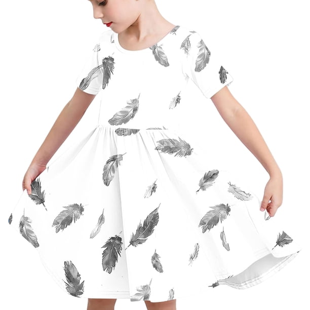 Odeerbi Niñas Verano A-Línea Vestido Pluma Impresión Swing Vestido Niños Manga Corta Vestido Elástico