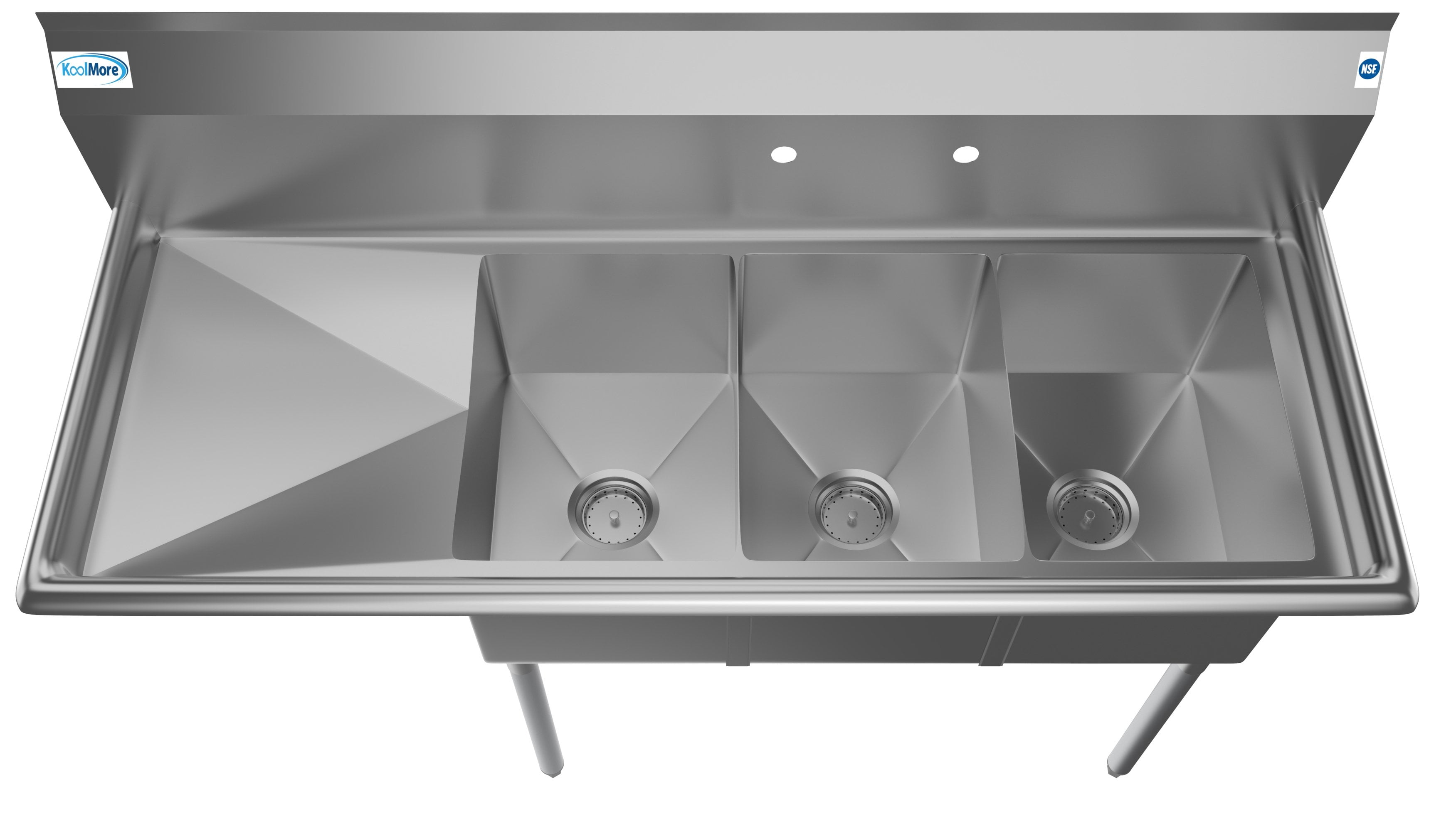 3 Compartment 55" Stainless Steel Commercial Kitchen Sink with Large Drainboard - Bowl Size 12" x 16" x 10"