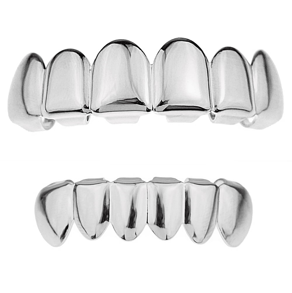 Grillz Set Silver Tone Upper Top And Bottom Lower Plain Teeth Hip Hop