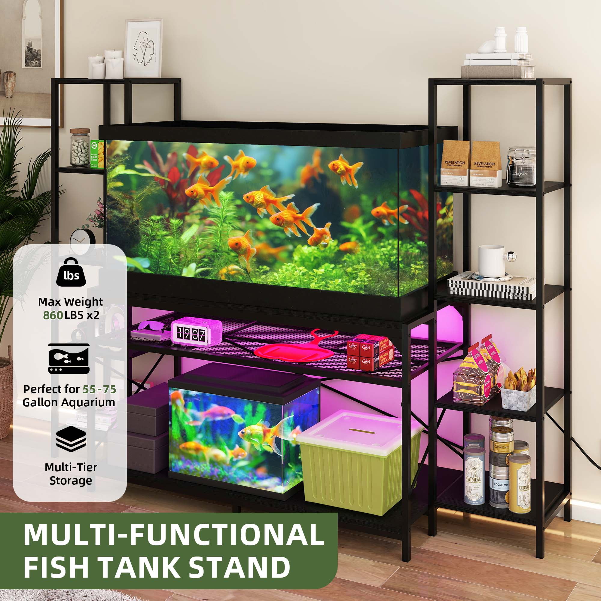 Uforic 55-75 Gallon Heavy Duty Metal Aquarium Stand with Power Outlets & LED Light, Fish Tank Stand, Turtle Tank, Reptile Terrarium with Cabinet, 880LBS Capacity-Black