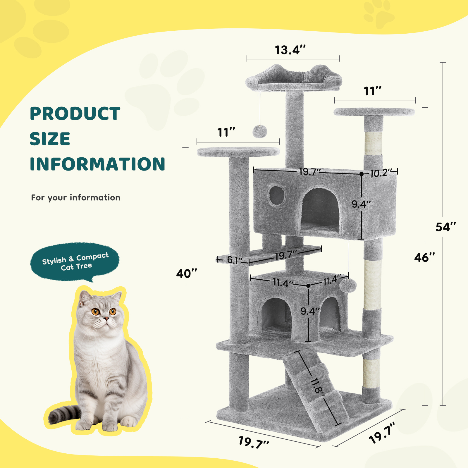 MCQ 54" Cat Tree Tower Multi-level with Scratching Post, Large Condo for Indoor, Light Gray