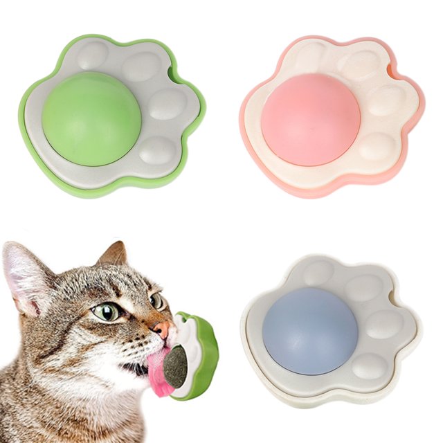 Paquete de 3 juguetes de hierba gatera con forma de pata de gato, juguete para limpieza de dientes para gatos, bolas de hierba gatera giratorias para pared de gatos, juguetes autoadhesivos para