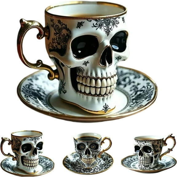 Skull Coffee Mug with Saucer, Diabolical Bonehead Cup, Gothic Porcelain Tea Cup, Funny Ceramic Tea Cup, Unique Gift for Skulls Enthusiasts
