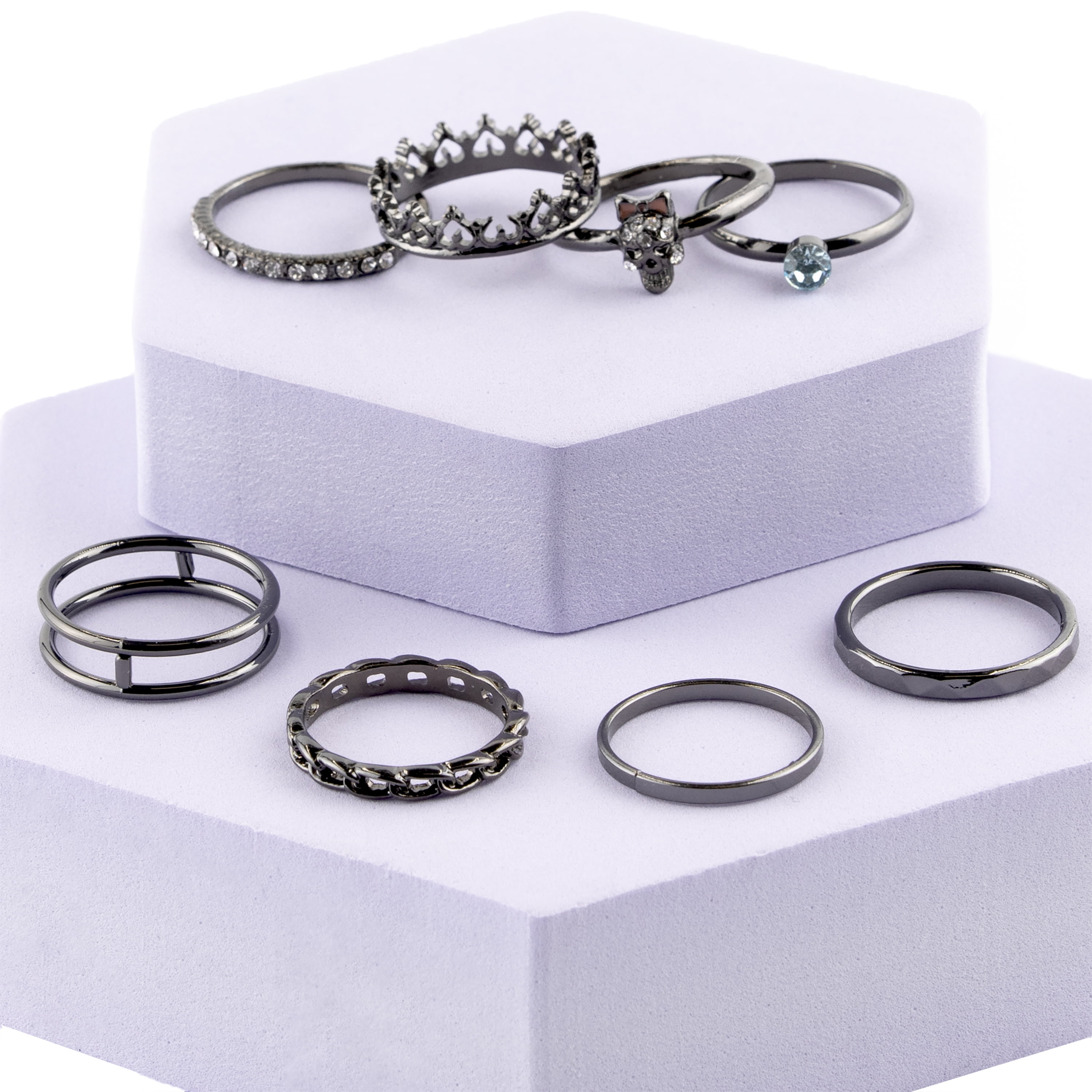 Claire's Girls Stacking Rings Set, Hematite Metal, Ring Size 8/9, Cubic Zirconia Gemstone, 8 Pack