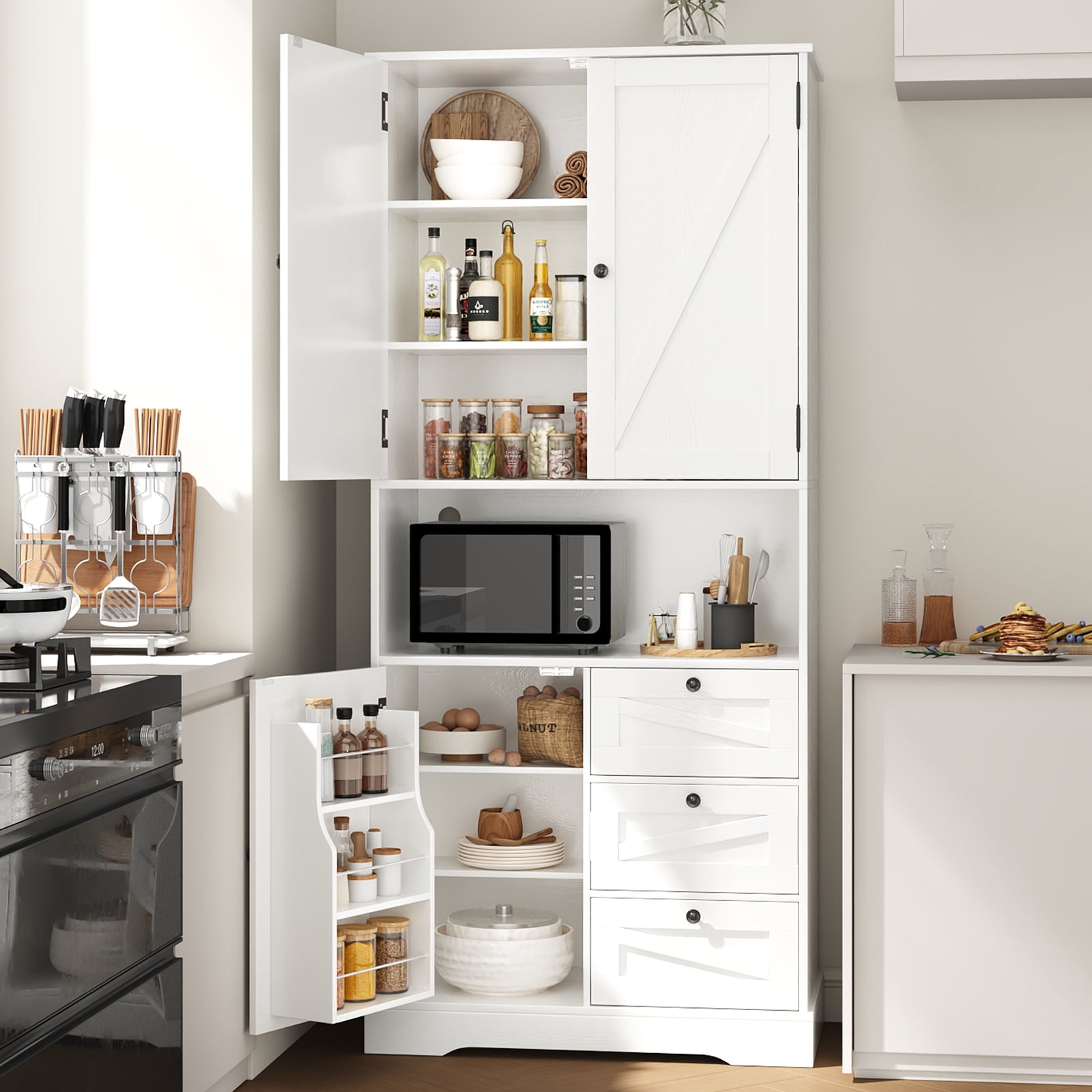 IDEALSOUL Pantry Storage Cabinet, White Kitchen Storage Cabinet with Doors and Shelves, 72”H Pastoral Style Wooden Pantry Cabinet for Kitchen, Living Room, Bathroom