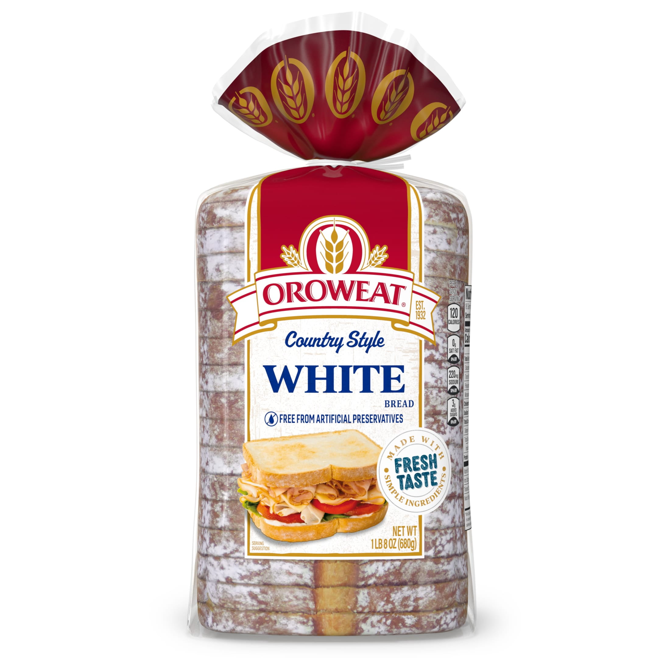 Oroweat Country Style Plain Bread, 24 oz, White Bread, Bag