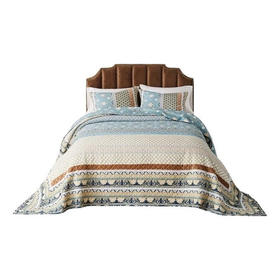 Benjara Ello 3pc Queen Bedspread and Pillow Sham Set- Bohemian Multicolor Print