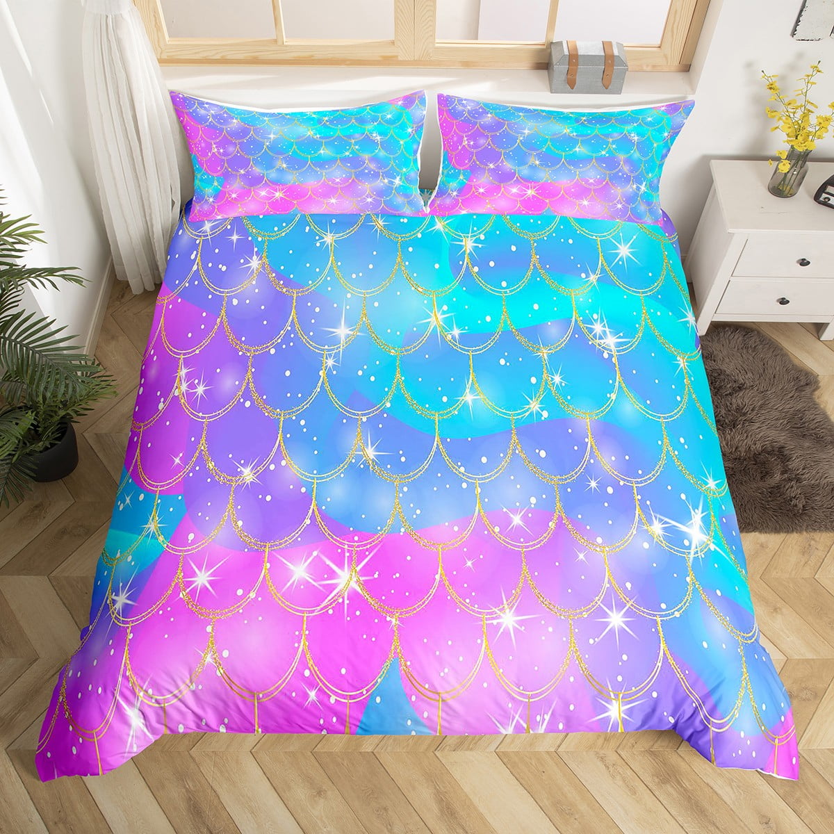 Fish Scale Bedding Set Golden Mermaid Scale Comforter Cover for Kids Child Boys Girls Gradient