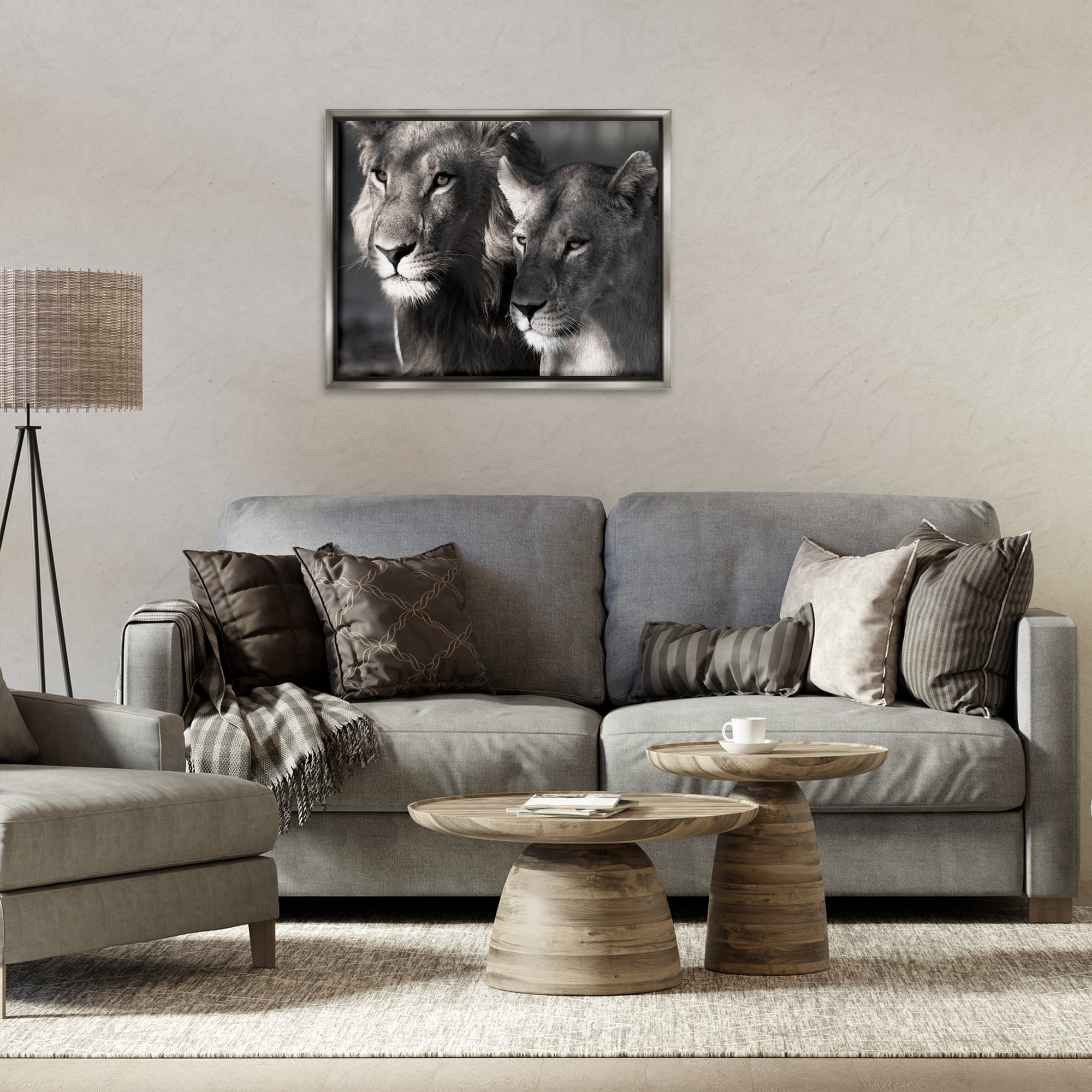 Stupell Industries Strong Lion & Lioness Animals & Insects Photography Gray Floater Framed Canvas Art Print Wall Art, 31 x 25