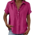 thumbnail image 4 of Duoif Women's Lapel Collar Cotton Linen Top Short Sleeve High Low Hem Casual Blouse Summer 2026, Hot Pink, L, 4 of 8