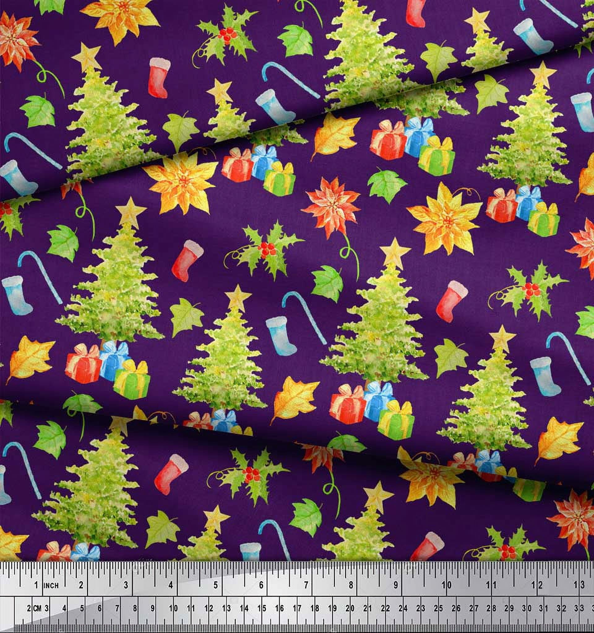 Soimoi Purple Velvet Fabric Gifts & Christmas Tree Print Fabric by Yard 58 Inch Wide