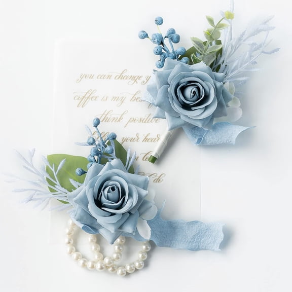 TUWAFE Wrist Corsage Wristlet and Boutonniere Set for Wedding Bridesmaid Mother Grandmother for Bridal Shower Wedding Artificial Roses Flower Prom Set of 2 (Dusty Blue)