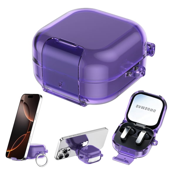 Allytechgroup 2-in-1 Protective Case for Samsung Galaxy Buds 4 & Buds 4 Pro, Clear Shockproof Cover with Built-in Phone Stand & Keychain, Purple