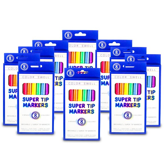 Color Swell Super Tip Washable Markers Bulk Pack 10 Boxes of 8 Vibrant Colors (80 Total) Perfect for Kids, Parties, Classrooms