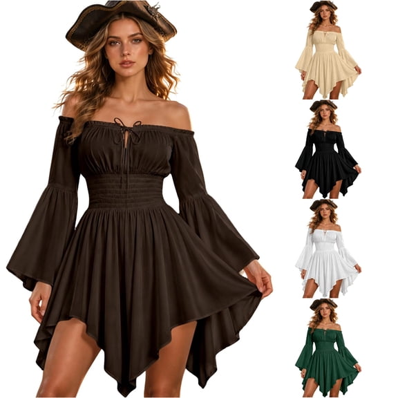 SIYUDAN Womens Halloween Witch Dress Renaissance Off Shoulder Corset Ruffle Hem Pirate Style Outfit Size L