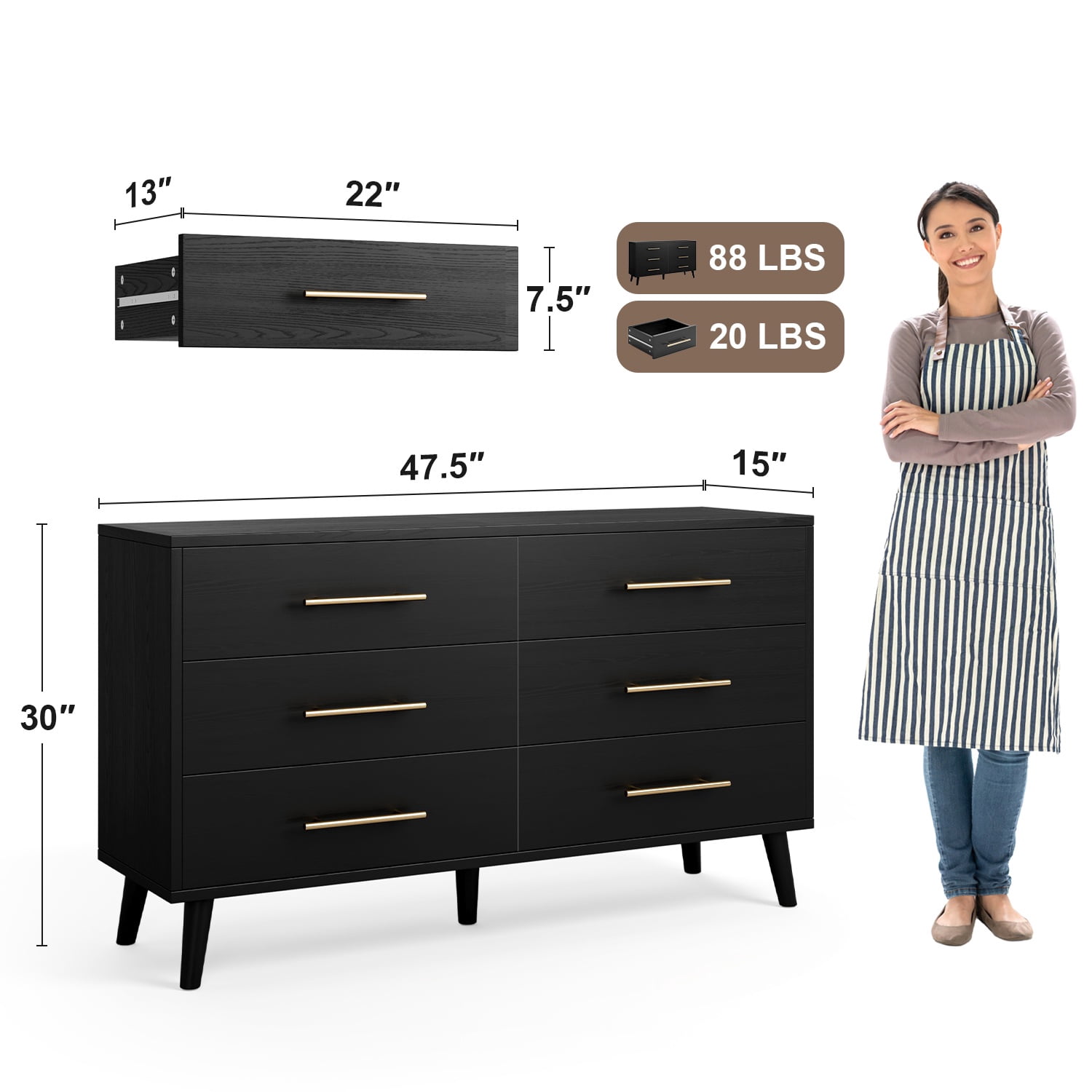 Noelse 6 Drawer Dresser with Metal Handles, Modern Black Dresser Storage Cabinet for Bedroom Home