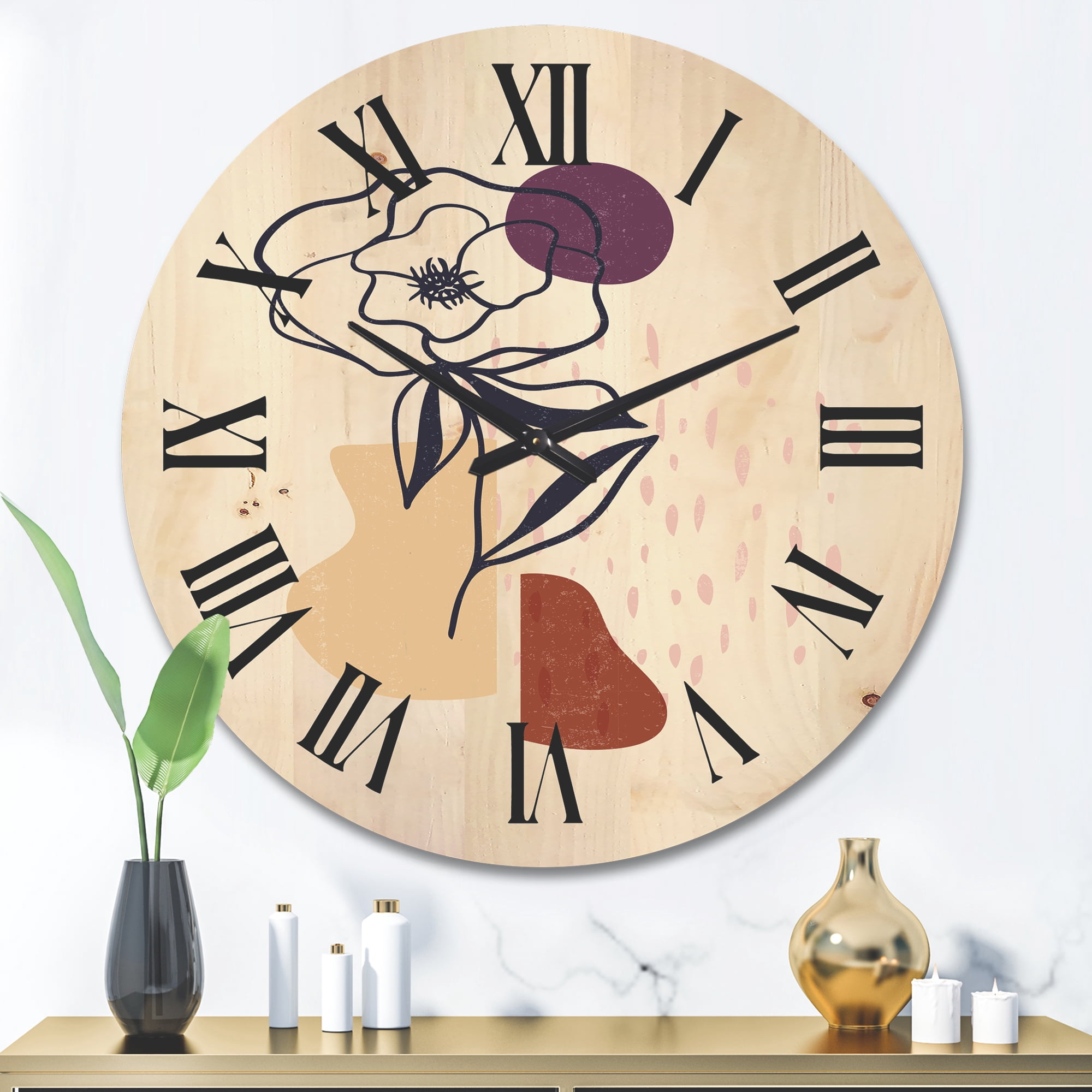 Designart 'Minimalist Shapes With Ancient Flower I' Modern Wood Wall Clock