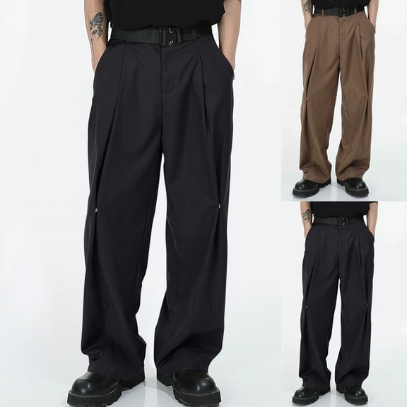 BiZtdJrK Men Loose Dress Trousers Pleated Summer Vacation Dress Pant Trendy Street Casual Pants with Pockets Black XXL