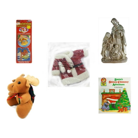 Christmas Fun Gift Bundle [5 Piece] - Xmas Ornamentbooks: Grandfather's Nativity, Reindeer - Silver Glitter Nativity Scene - 2011 Avon Santa Outfit Wine Bottle Cover  -  Moose With Plaid Backpack  5