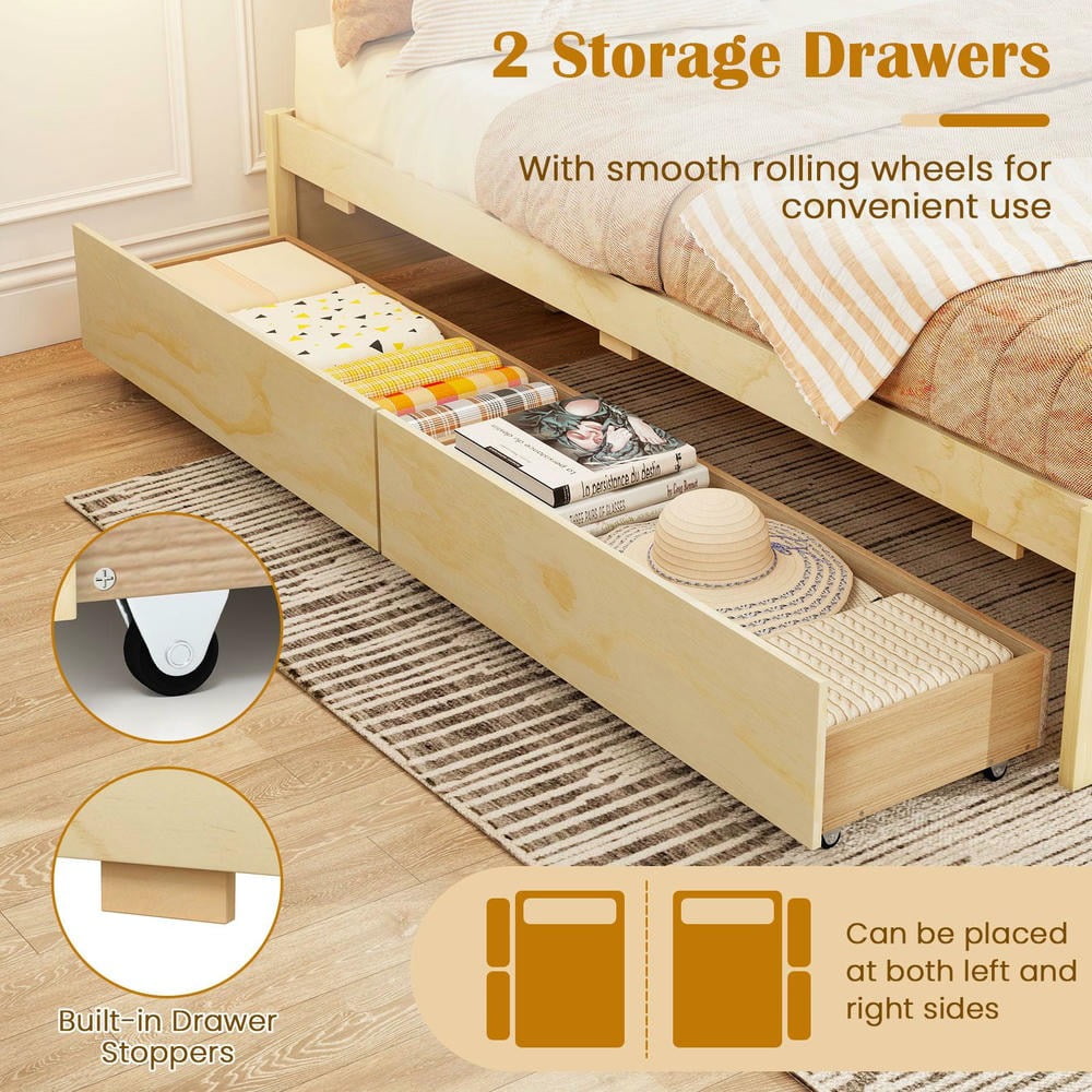 Barara King Full Size Wooden Bedroom Trundle Bed Frame with 2 Rolling Storage Drawers, Bed Platform Frame for Bedroom, Apartment, Natural