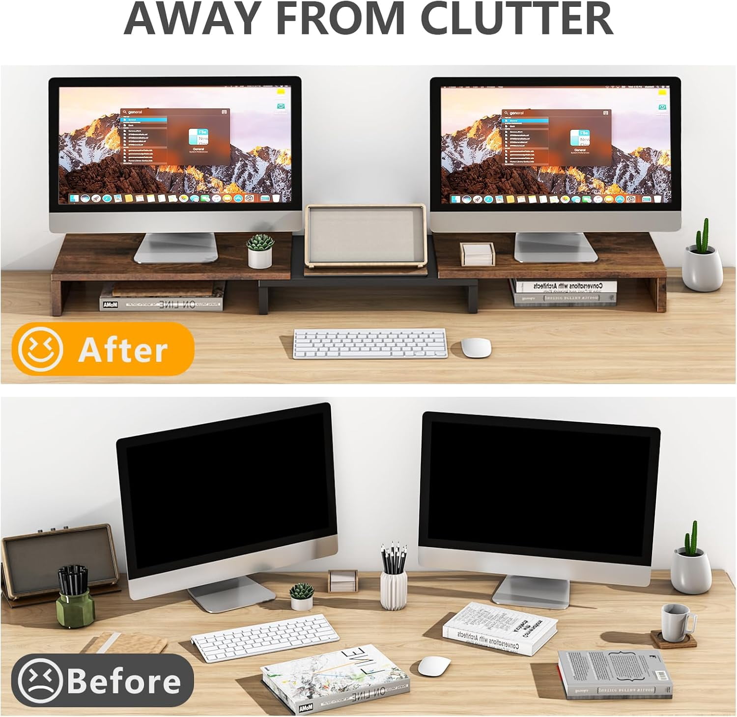 Dual Monitor Stand Riser, Computer Monitor Stands for 2 Monitors, Extra Long Multifunctional Wooden Desktop Organizer Riser for Computer, Laptop, PC, Printer, TV, Max 43.3" Length