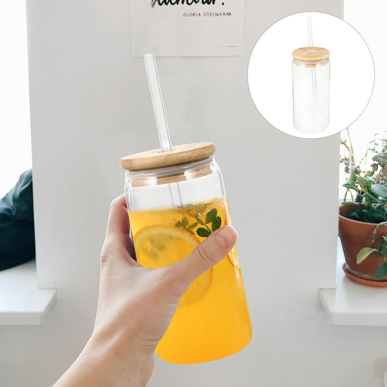 Transparent Can Shape Glass Cups With Glass Lid And Straw Ice