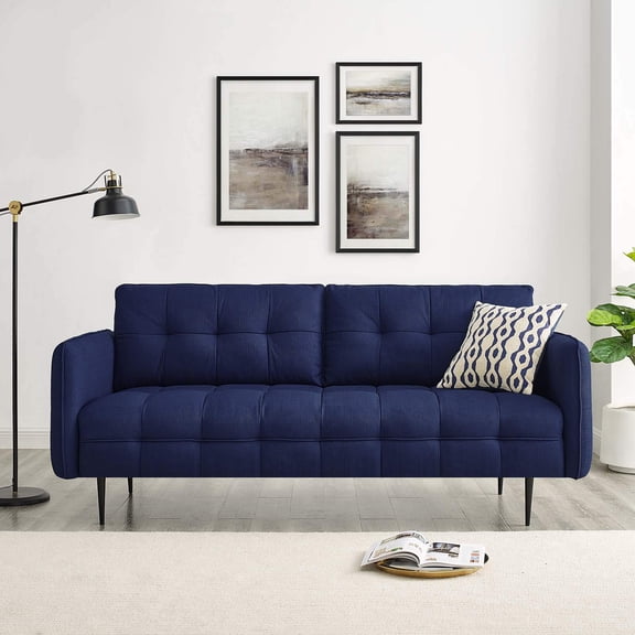 Maklaine Upholstered Modern Fabric Sofa with Metal Legs in Blue/Black