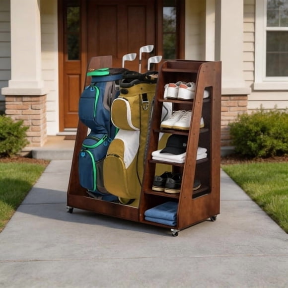 taoruifang Support de Club de Golf en Bois, Organisateur de Rangement Robuste à 2 Sacs avec Roues Verrouillables pour Garage Coffre de Voiture, Brun