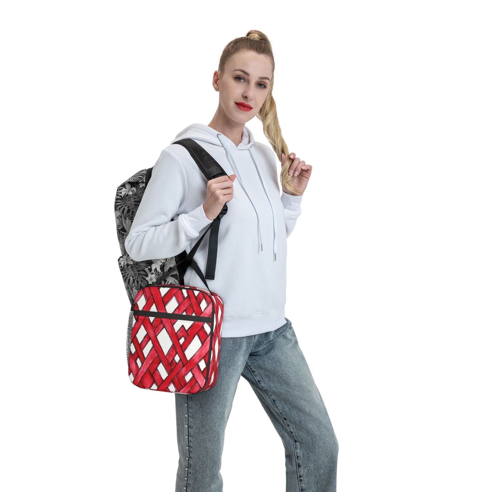 Lunch Bag For Women Men Insulated Portable Lunch Box Bento Box Office Picnic Travel Cooler Bag Crimson Moroccan Trellis Hand-Drawn Sketch_3