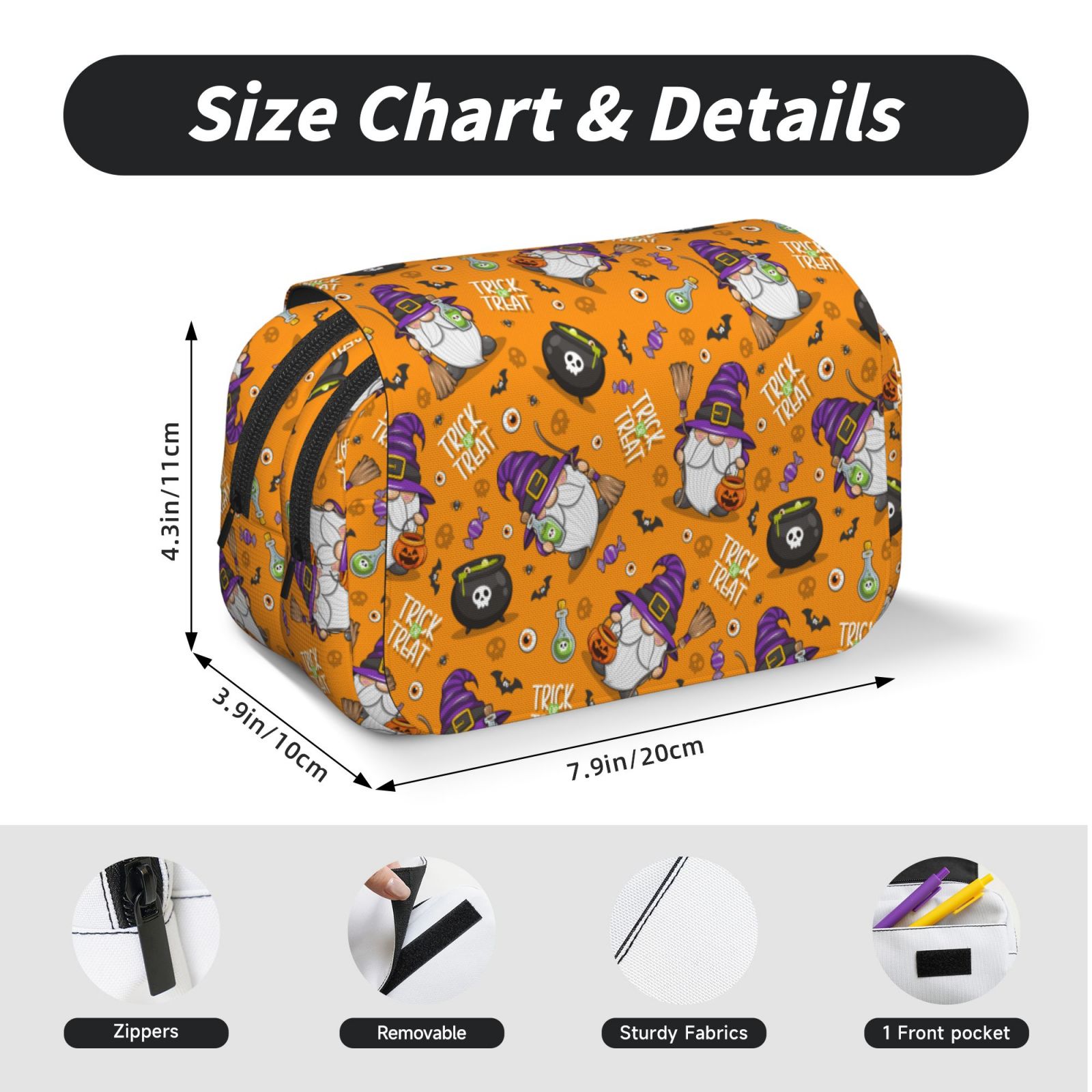 Rateoe Halloween Witches Gnome Pattern Double Clamshell Pen Case, Storage Organizer with Two Zipper Compartments– Holds Up to 50 Pencils & Pens