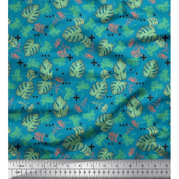 Soimoi Viscose Chiffon Fabric Geometric Sign,Clover & Monstera Leaves Decor Fabric Printed Yard 42 Inch Wide