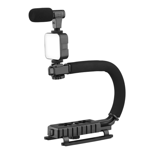 Amdohai Universal Video U Grip Handle Handheld Vlog Bracket Stabilizer Kit with LED Video Light Microphone Phone Holder Remoter Shutter for Smartphone Camera Vlogging Video Recording