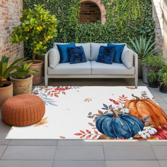 Outdoor Rug, Thanksgiving Orange Blue Pumpkin Indoor Area Rug Outdoor Carpet RV Camping Rugs 4x6ft Fall Country Leaves Berry Outside Mat for Patio Picnic Porch Deck Balcony Backyard
