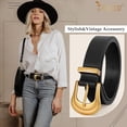 thumbnail image 3 of Women's Western Belt Vintage Black Leather Waist Belt for Pants Jeans with Gold Buckle, 3 of 7