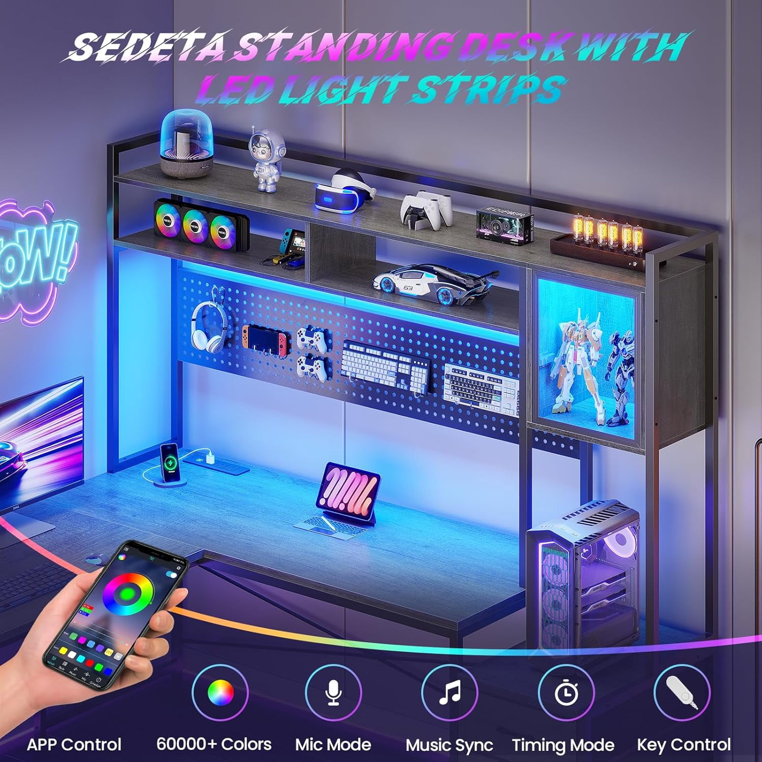 SEDETA L Shaped Gaming Desk with Drawers, Reversible Computer Corner Desk with File Drawer, Hutch, Storage Shelves for Home Office, Gaming Two Person Desk with Led Lights, Power Outlet, Grey