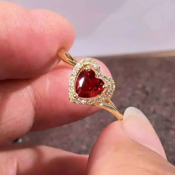 Z.LP Jewelry Heart - Shaped Red Gem Ring with Diamond - Gold - Plated Love Symbol Ring