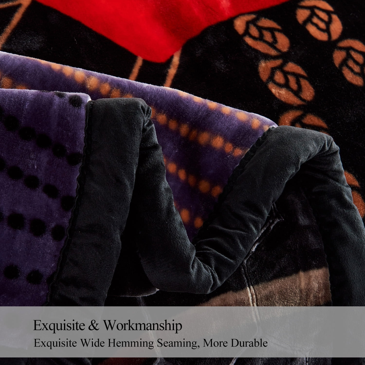 10lbs Heavy Thick A&B Pattern Blanket 2Ply Reversible - Thick Warm Plush Korean Style Bed Blanket, King Size Fleece Plush Blanket, Soft Winter Blanket For Adult 87" x 95", Black Purple & Rose
