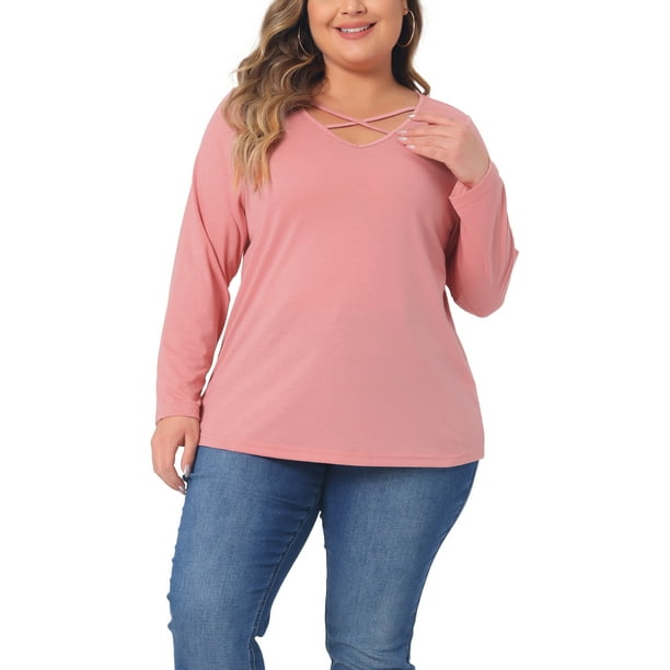Blusas de mujer de tallas grandes Agnes Orinda, camisetas de cuello en V cruzado, casuales, de manga larga, talla 2X, color rosa