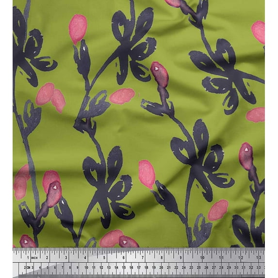 Soimoi Green Cotton Voile Fabric Stem & Bud Watercolor Decor Fabric Printed Yard 42 Inch Wide