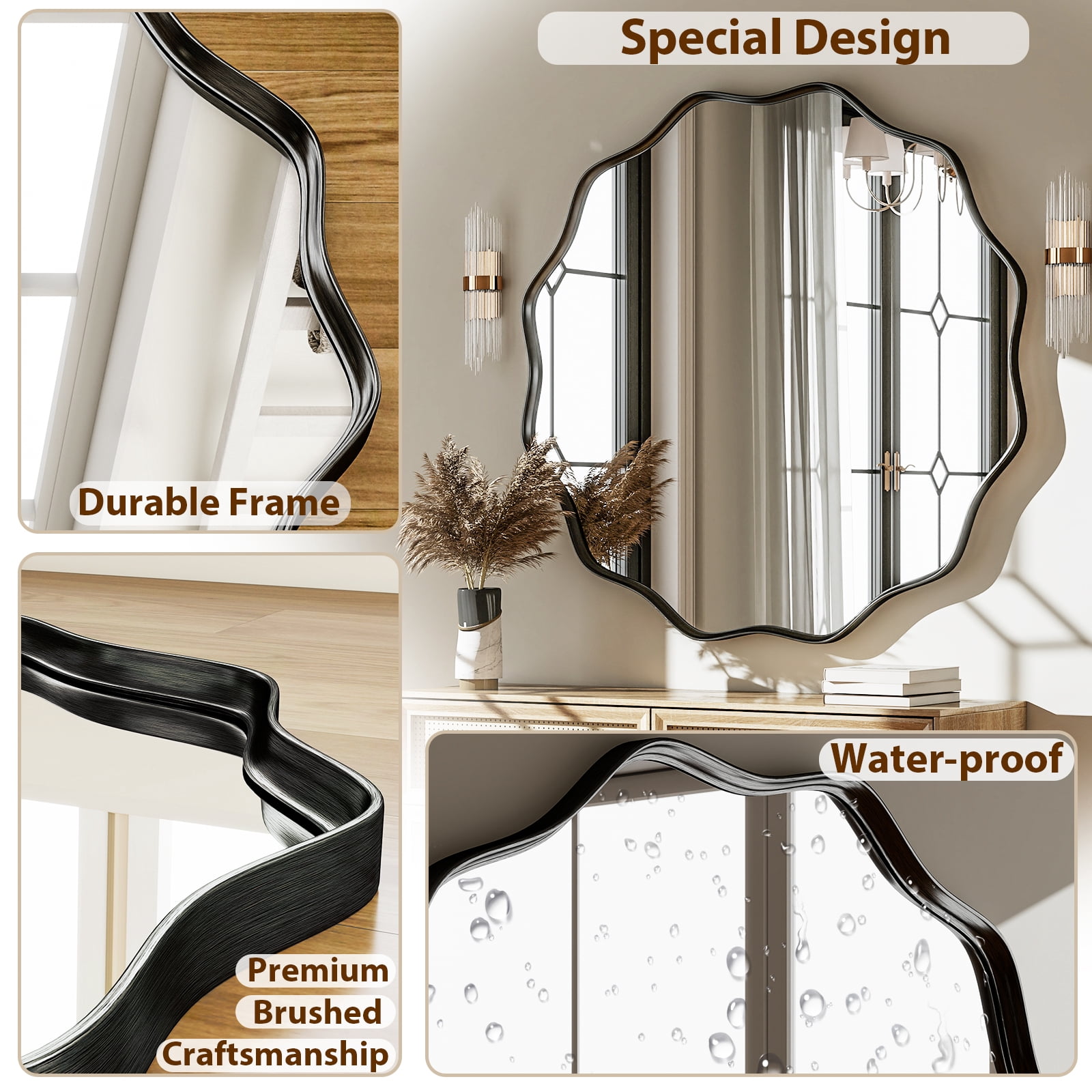 AUROMIR 36" Wavy Round Bathroom Mirror Wall Mounted Modern Vanity Mirror, Black