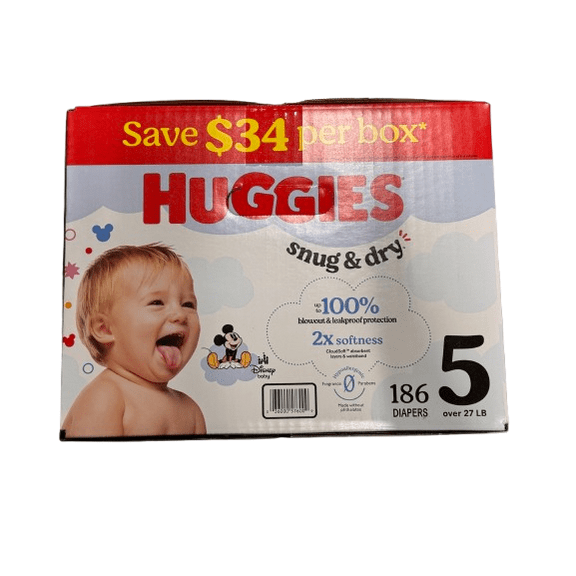 Huggies Snug & Dry Leakproof Baby Diapers, Size 5 (Over 27 lb), 186 Count