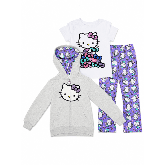 Hello Kitty Girls' Casual Purple 3-Piece Hoodie, T-Shirt & Leggings Outfit Set, Big Girls 8/10