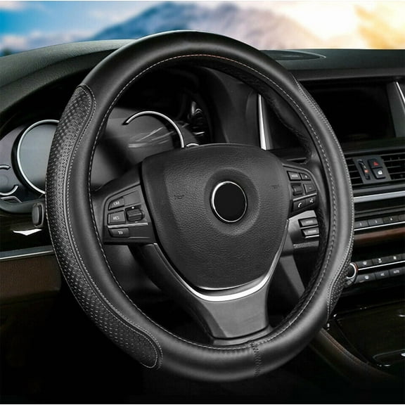 Black Genuine Leather Steering Wheel Cover, 14.5 - 15 Inches Universal Fit for Truck Sedans SUVs Round Shape