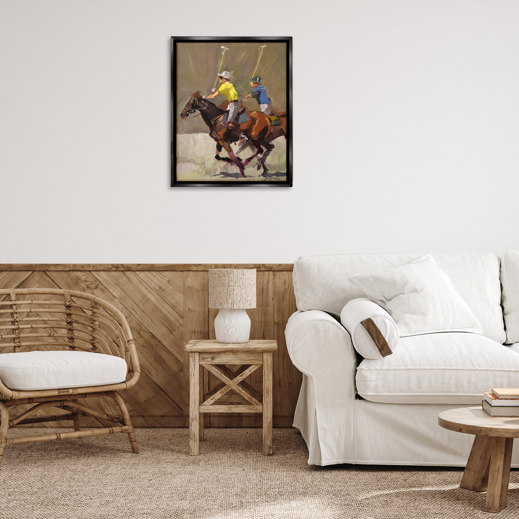 Stupell Industries Polo Player Athletes Sports Painting Black Floater Framed Canvas Art Print Wall Art, 25 x 31