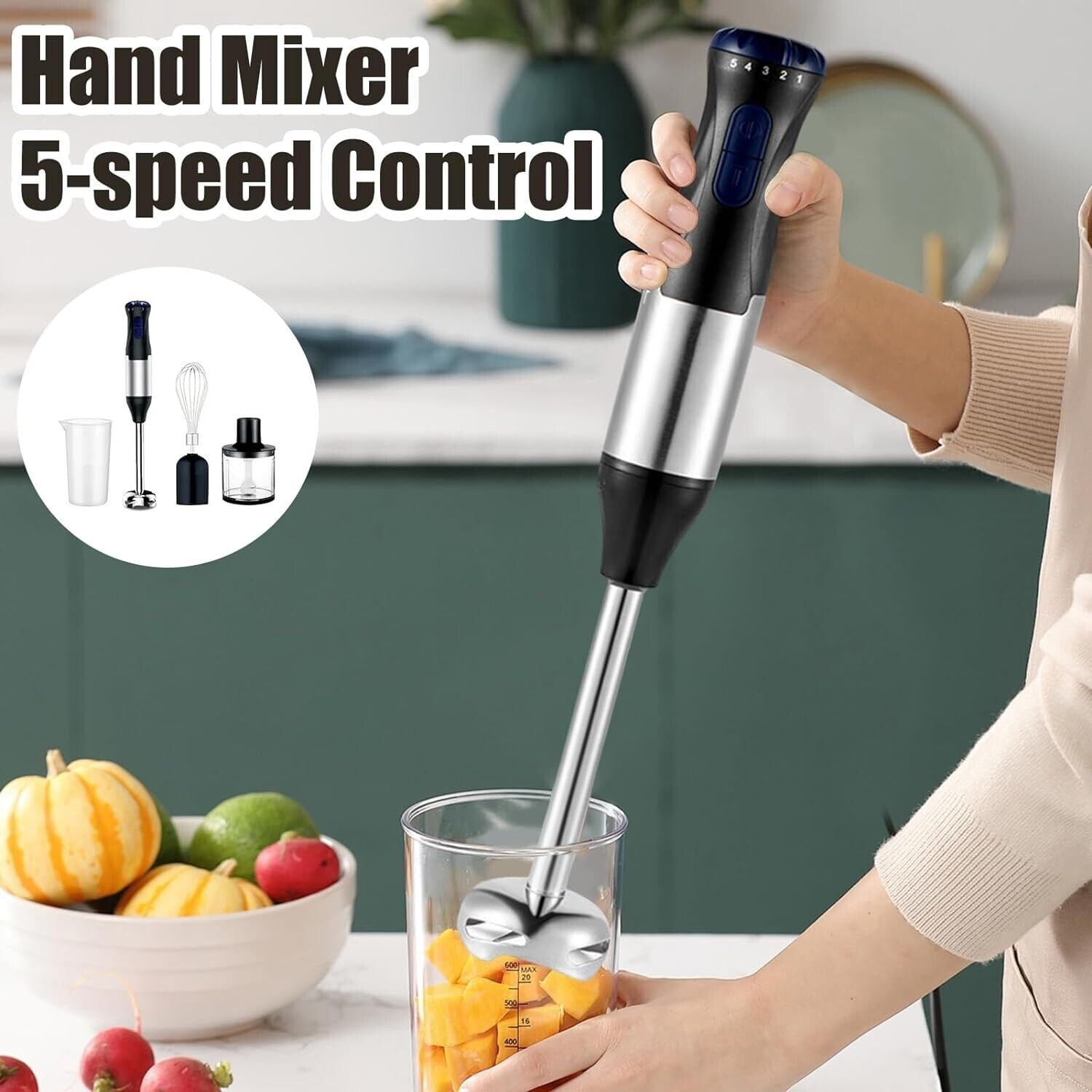 4 in1 handheld immersion blender, 5-speed powerful handheld blender stick with 304 stainless steel blades, chopper, beaker, whisk for smoothies, baby food, purees and soups.