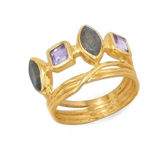 Labradorite Ring Marquise Square Purple Glass 14k Gold-plated Sterling Silver