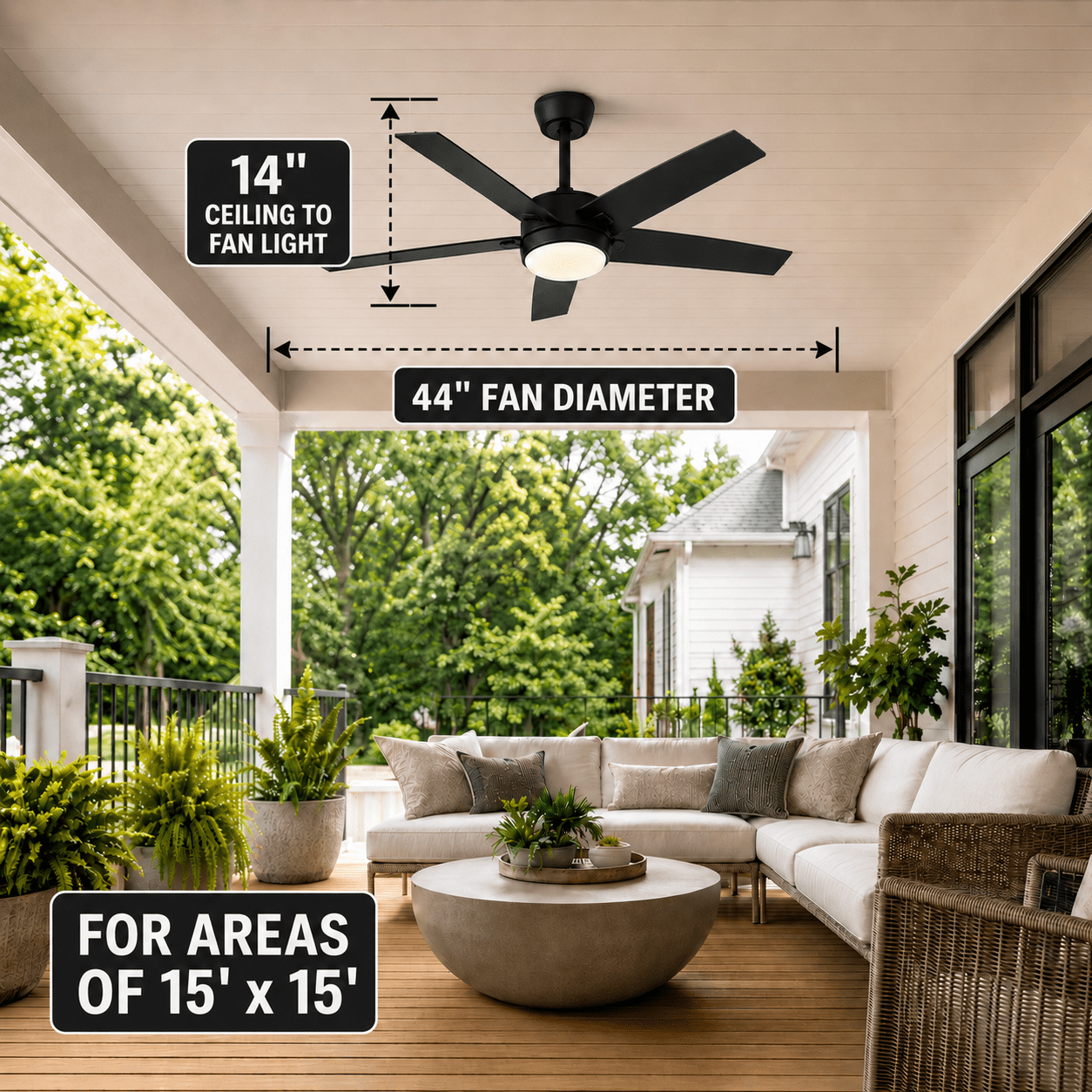 Mainstays 44 inch Black Downrod DC Covered Outdoor Ceiling Fan with Integrated LED Light, Remote Control, 6 Speeds, and Fast-Install Blade System