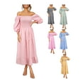 thumbnail image 6 of hirigin Inevnen Women's Boho Flowy Cottagecore Puff Sleeve Off The Shoulder Summer Casual Plaid Ruffle Midi Long Dress, 6 of 7