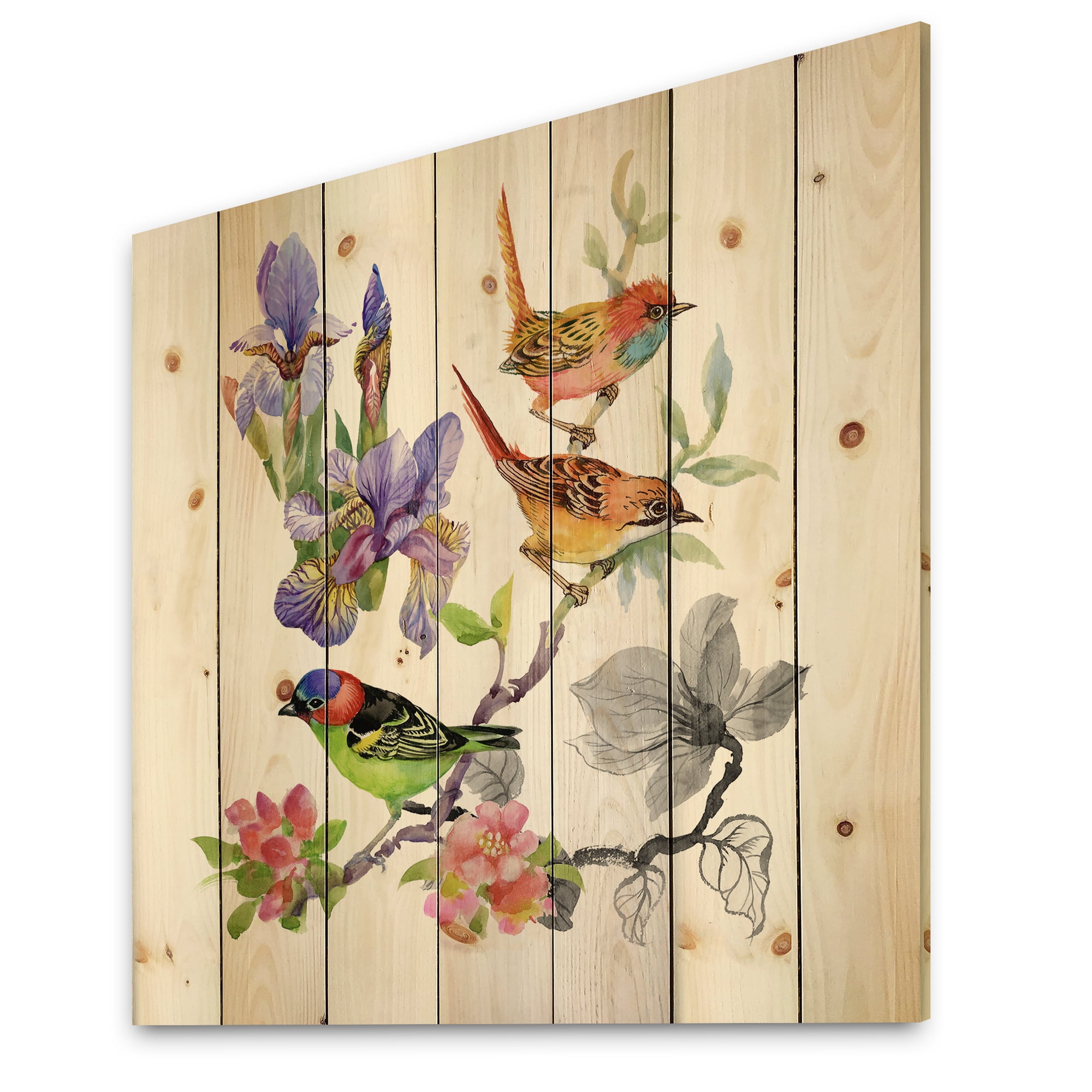 Designart 'Colourful Birds and Tropical Flowers I' Traditional Print on Natural Pine Wood