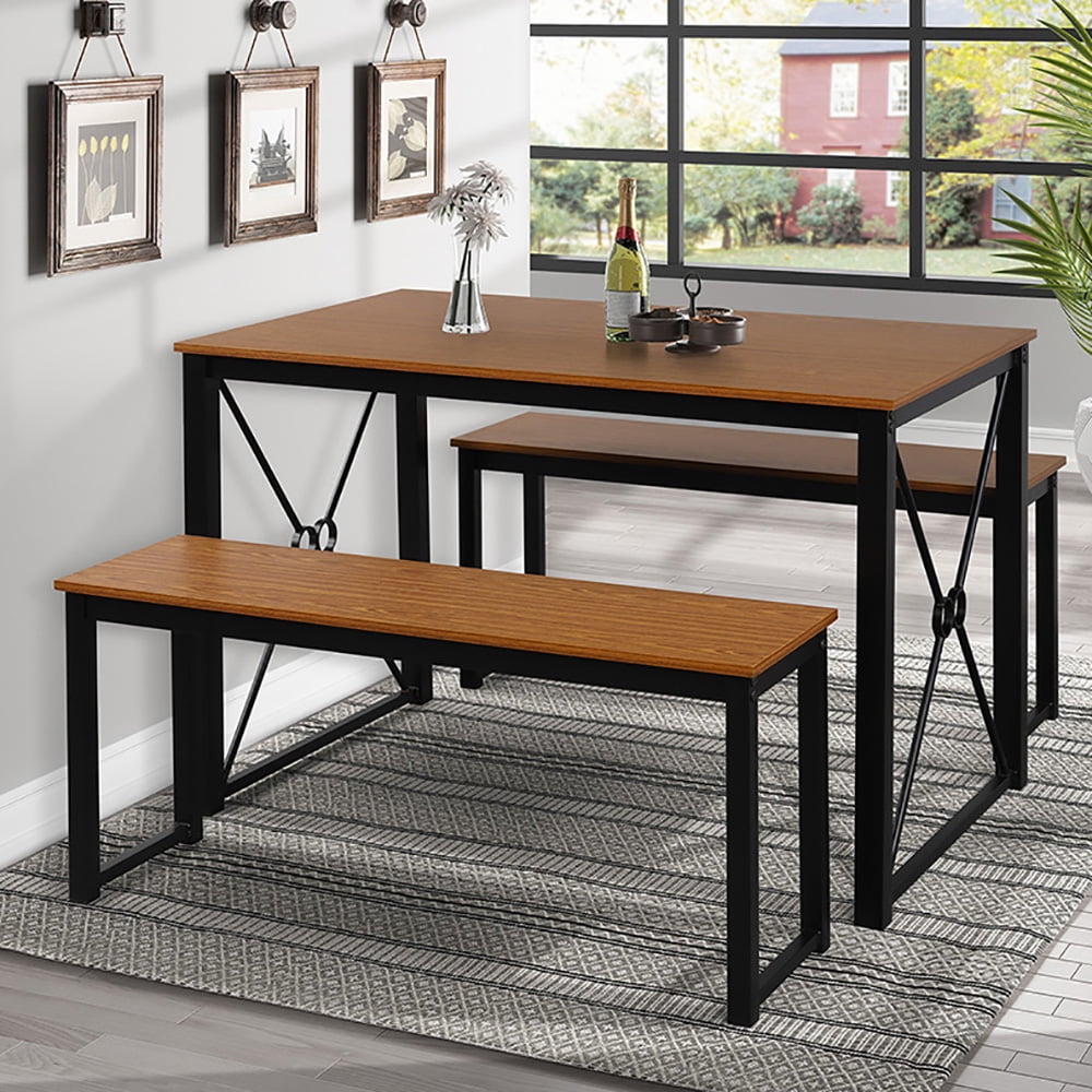 Kepooman 3 Pieces Metal Modern Dining Table Set with 2 Benches, Black